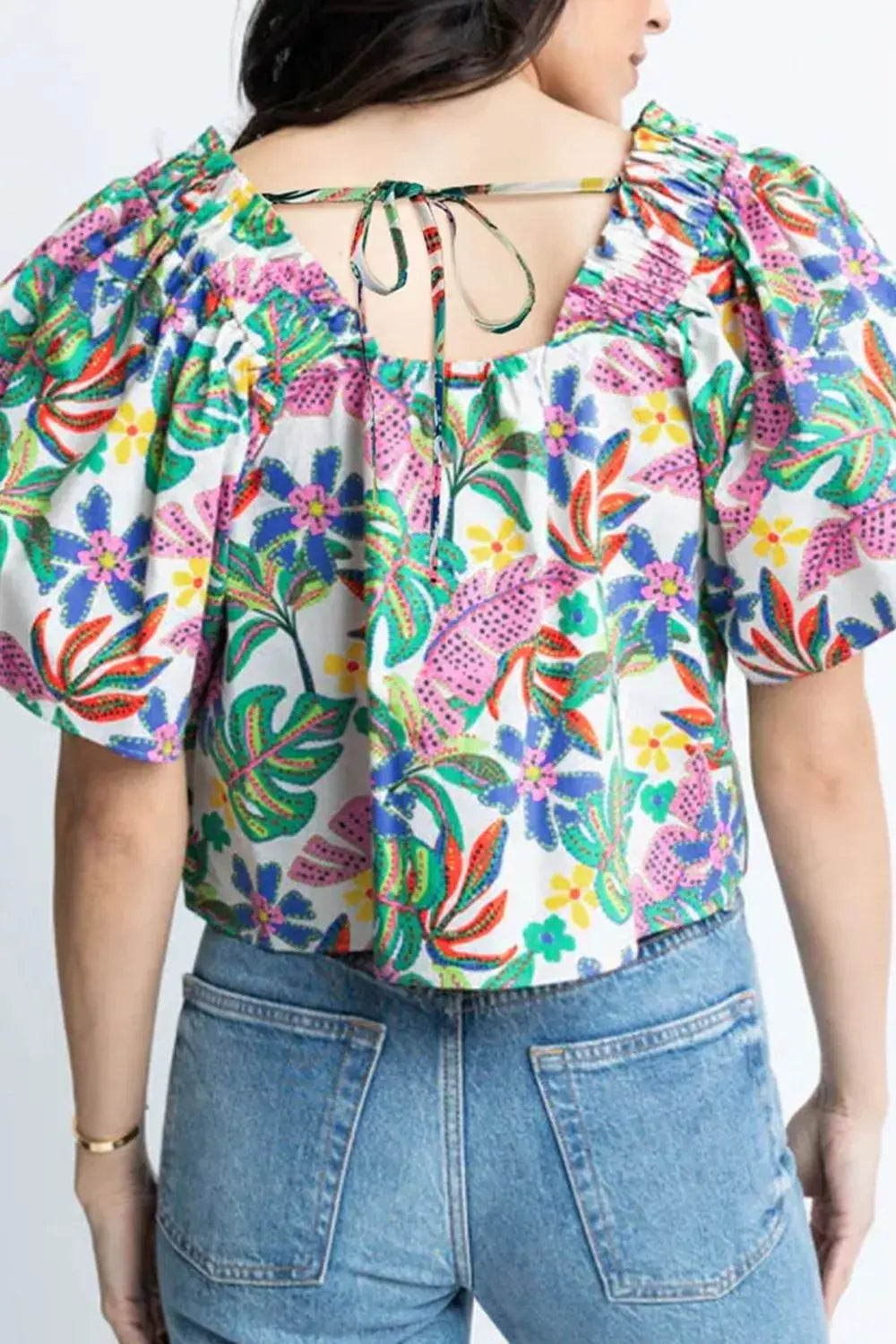 Plant Print Loose Fit Puff Sleeve Square Neck Blouse - Trendsi - Flyclothing LLC