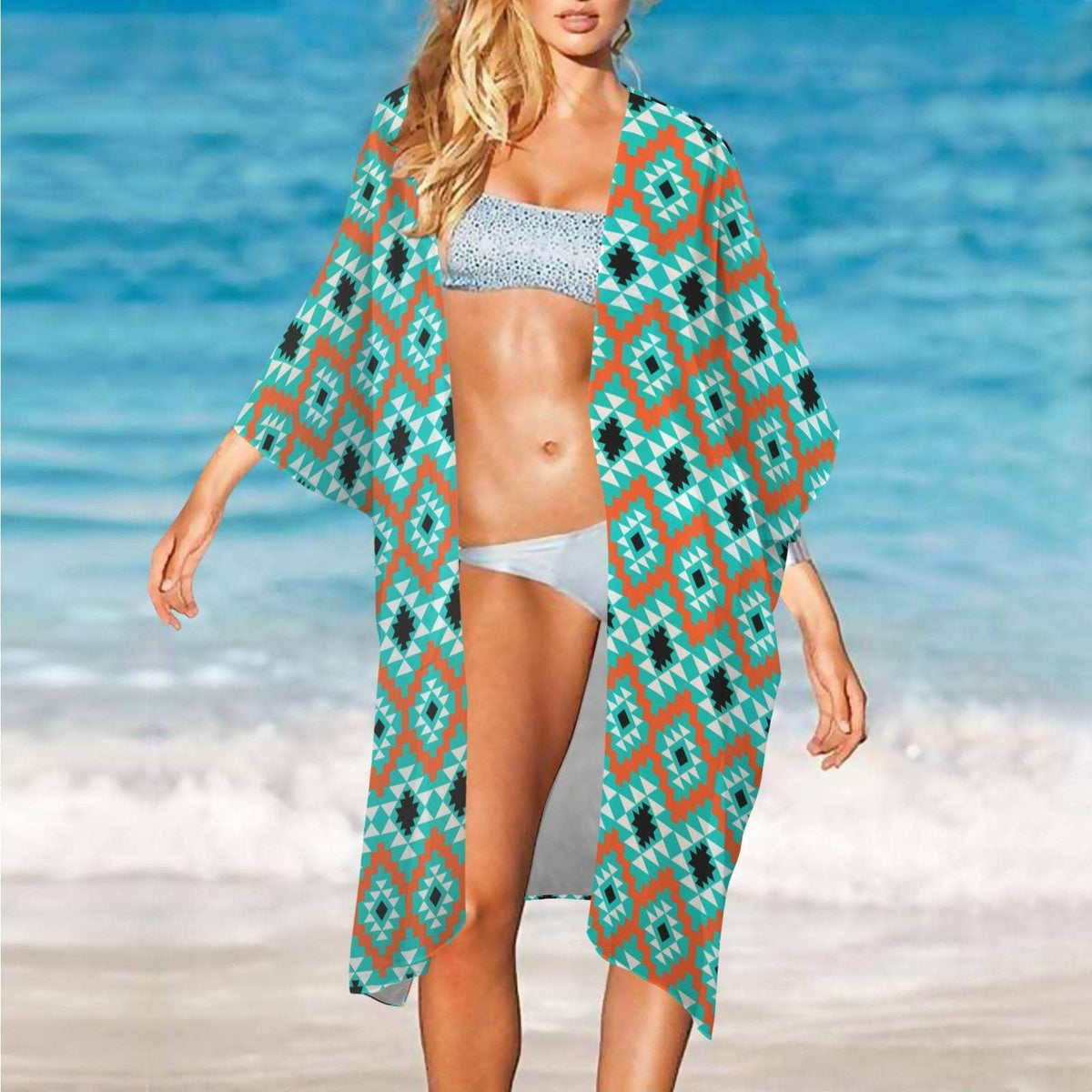 Baha Ranch Turquoise Aztec Duster Kimono Coverup - Baha Ranch Western Wear - Flyclothing LLC