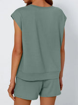 Round Neck Cap Sleeve Top and Shorts Set - Trendsi - Flyclothing LLC