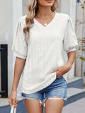 Puff Sleeve V-Neck Eyelet Lace T-Shirt - Trendsi - Flyclothing LLC