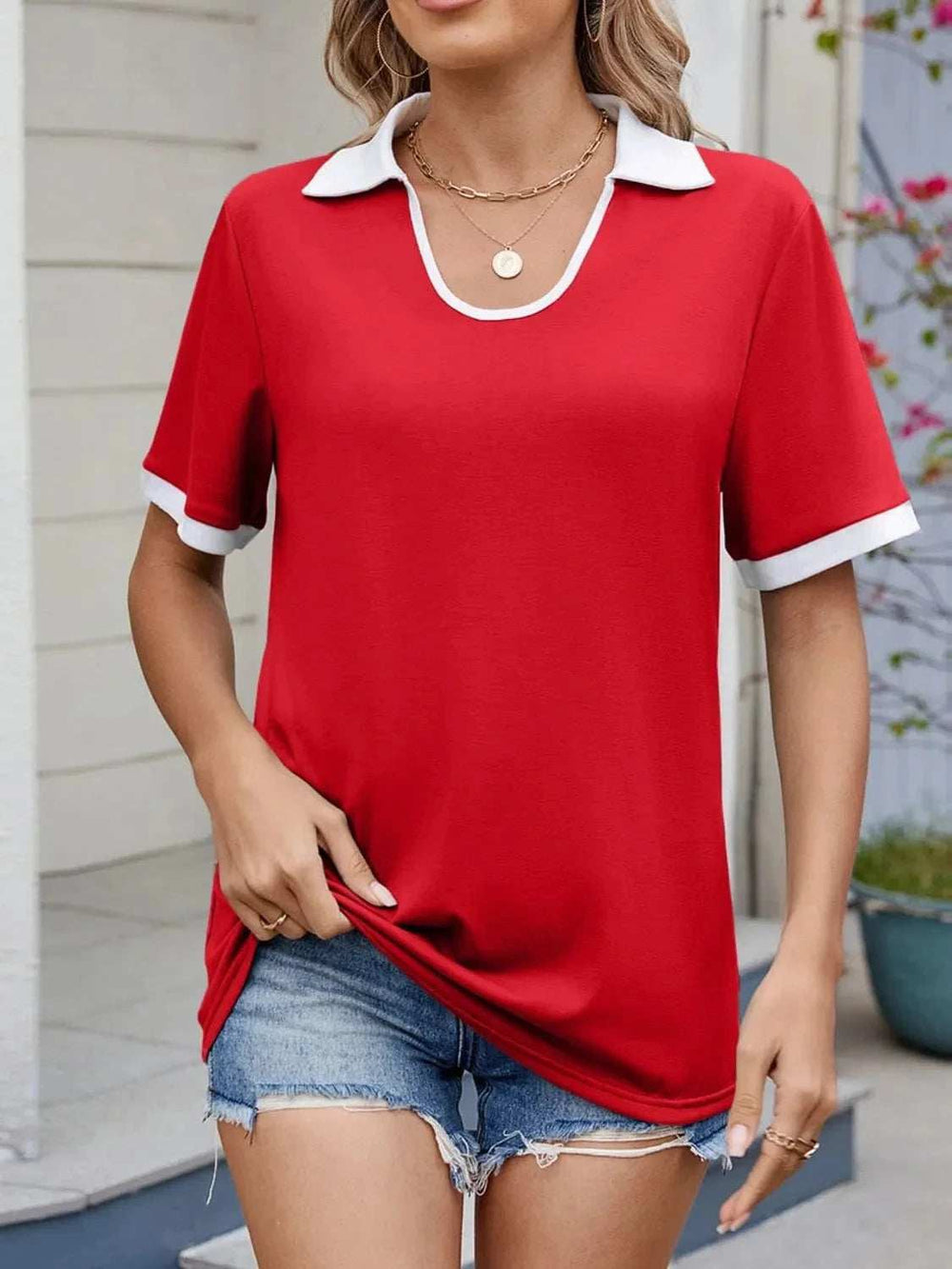 Contrast Trim Collar Short Sleeve Casual T-Shirt - Trendsi - Flyclothing LLC
