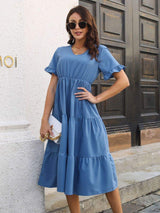 V-Neck Short Sleeve Midi Dress - Trendsi - Flyclothing LLC