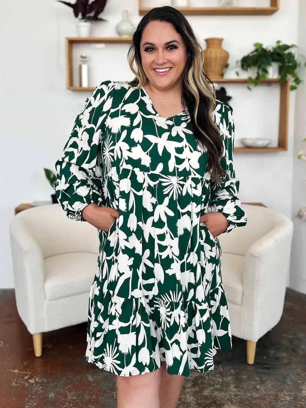 Double Take Full Size Printed Ruffle Hem Dress with Pocket - Trendsi - Flyclothing LLC