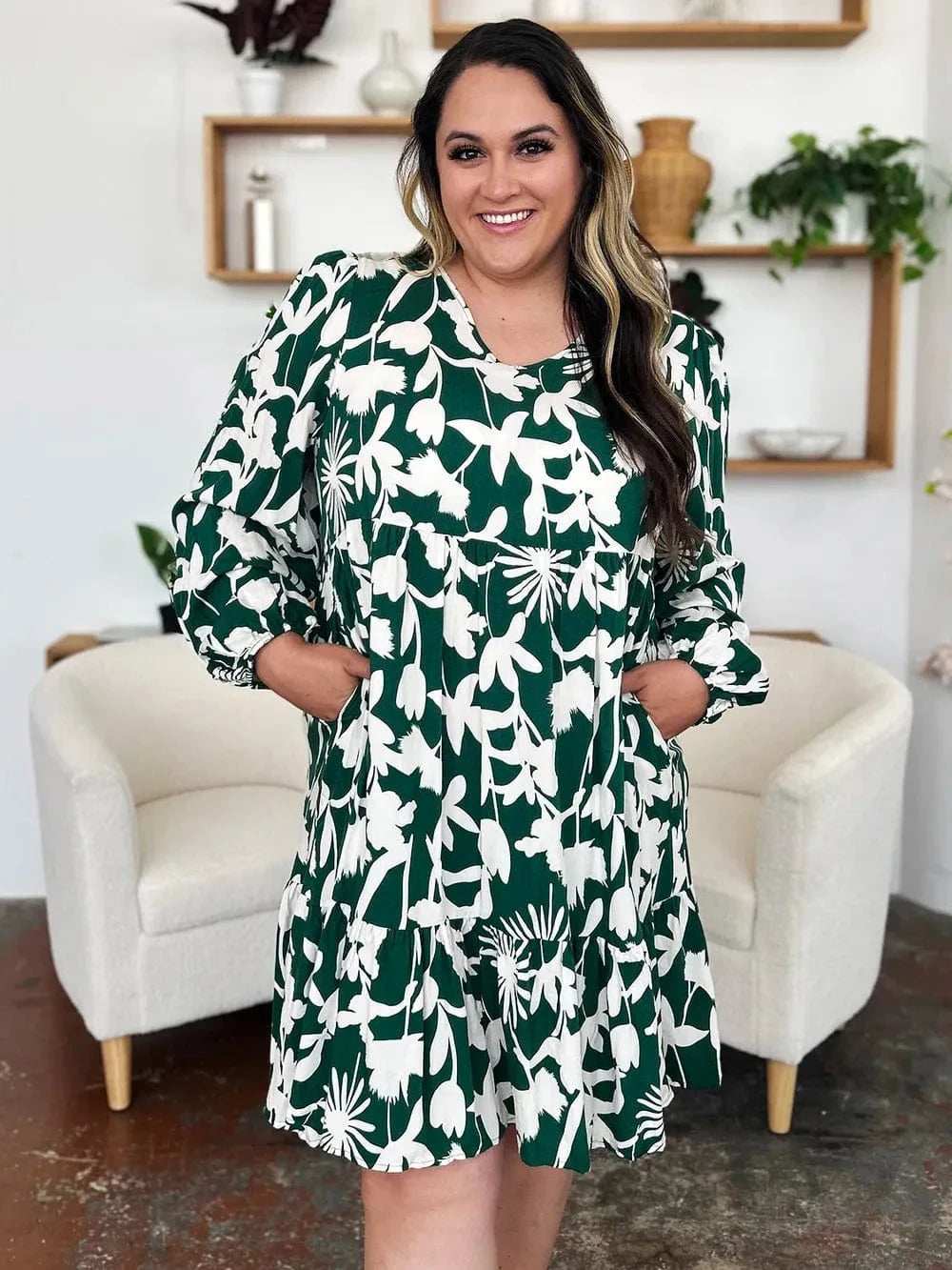 Double Take Full Size Printed Ruffle Hem Dress with Pocket - Trendsi - Flyclothing LLC