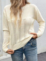 Openwork Round Neck Long Sleeve Sweater - Trendsi