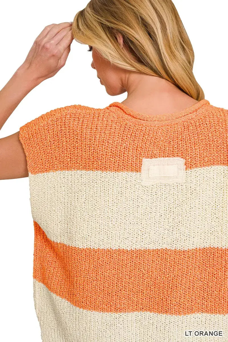 Zenana Split Neck Sleeveless Stripe Sweater - Trendsi - Flyclothing LLC