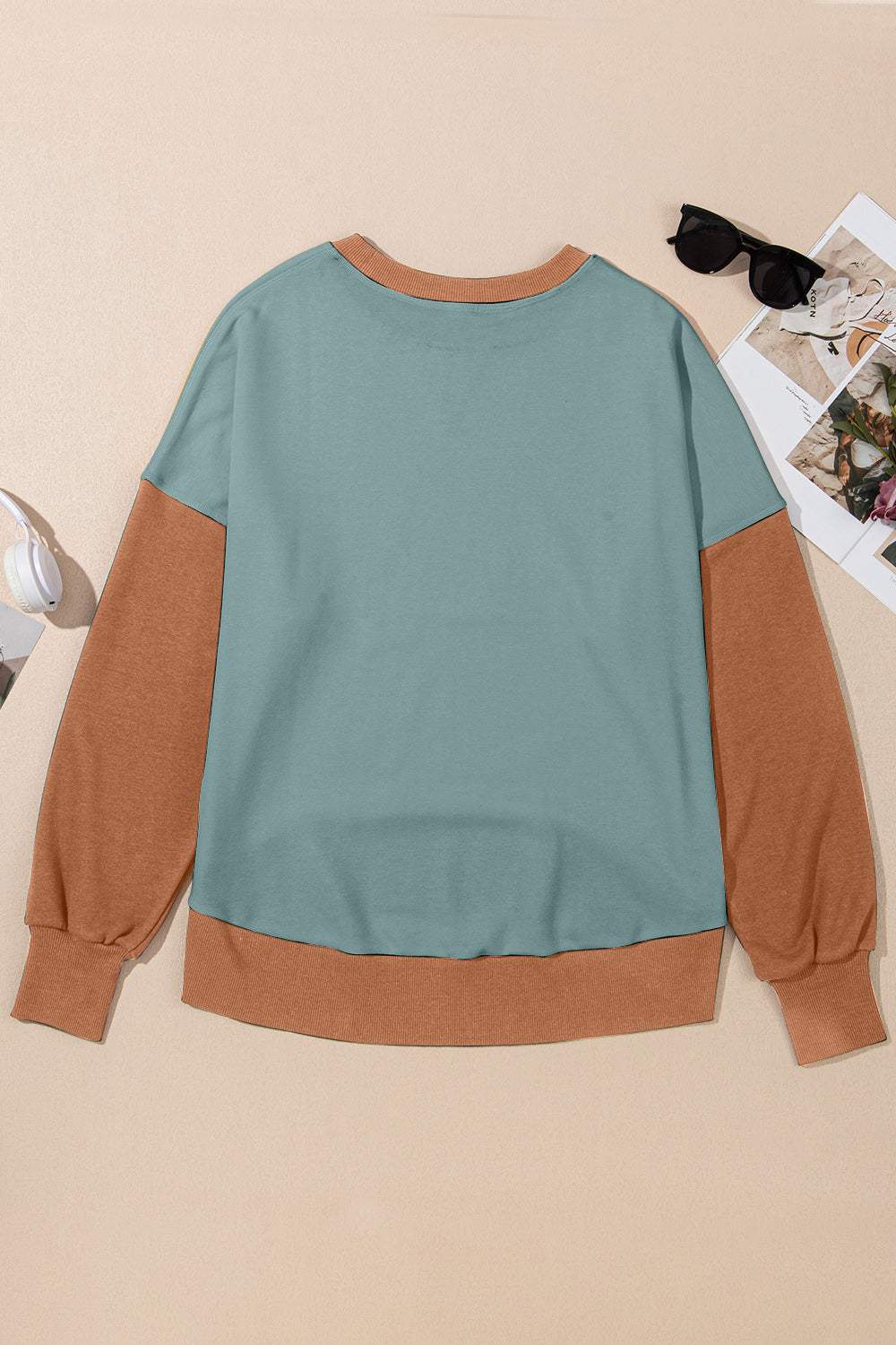 Contrast Round Neck Long Sleeve Sweatshirt - Trendsi - Flyclothing LLC