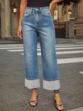 High Waisted Straight Leg Rolled Jeans - Trendsi