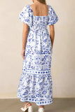 Smocked Printed Square Neck Puff Sleeve Dress - Trendsi - Flyclothing LLC