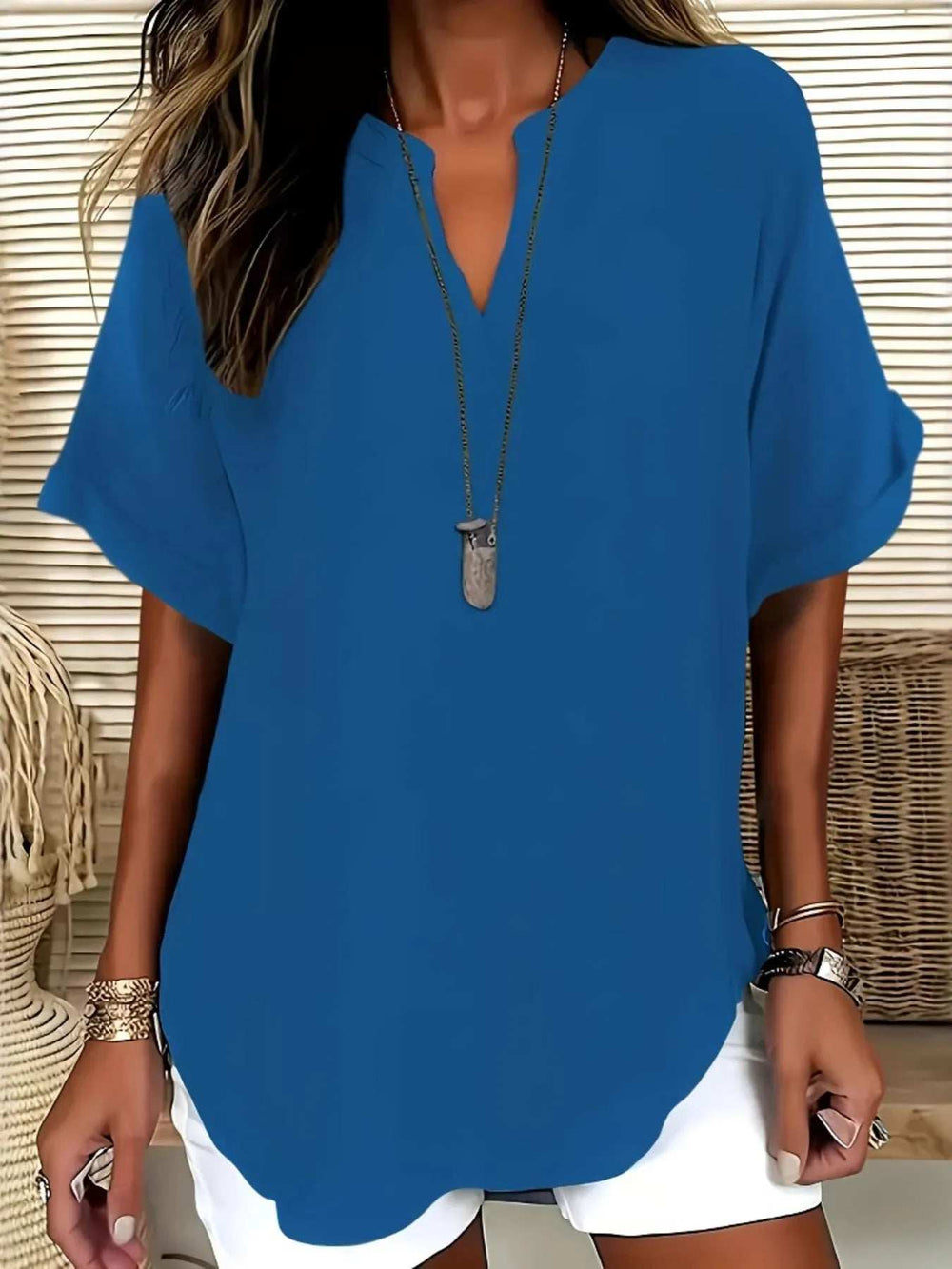 Casual Notched Short Sleeve Blouse - Trendsi - Flyclothing LLC