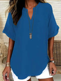 Casual Notched Short Sleeve Blouse - Trendsi - Flyclothing LLC