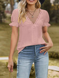 Lace Trim V-Neck Puff Sleeve Blouse - Trendsi - Flyclothing LLC