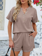 Casual Button Detail Ribbed Top and Shorts Two-Piece Set - Trendsi - Flyclothing LLC