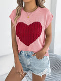 Cable Knit Heart Round Neck Cap Sleeve Knit Top - Trendsi