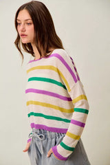 SO ME Mardi Gras Color Stripe Lightweight Sweater Top - Trendsi - Flyclothing LLC