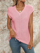 V-Neck Short Sleeve Knit Top - Trendsi - Flyclothing LLC