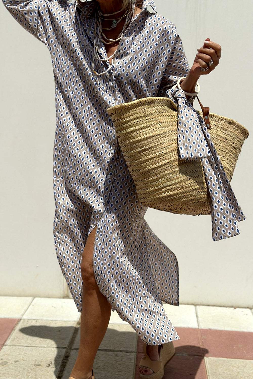 Tied Button Up Three-Quarter Sleeve Dress - Trendsi - Flyclothing LLC