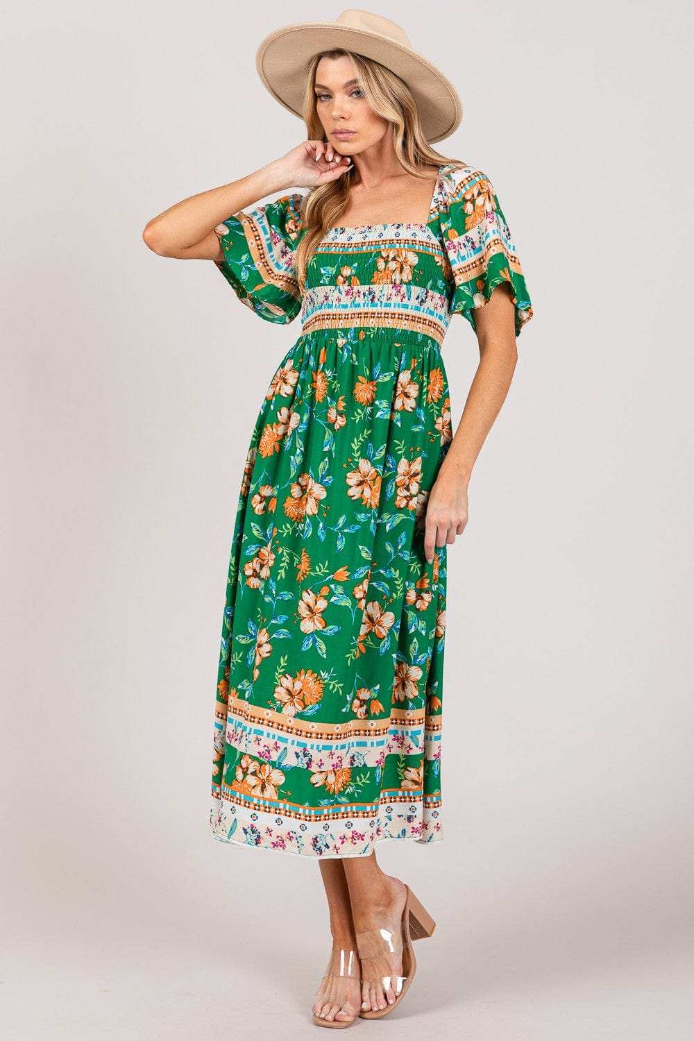 SAGE + FIG Printed Smocked Short Sleeve Midi Dress - Trendsi - Flyclothing LLC