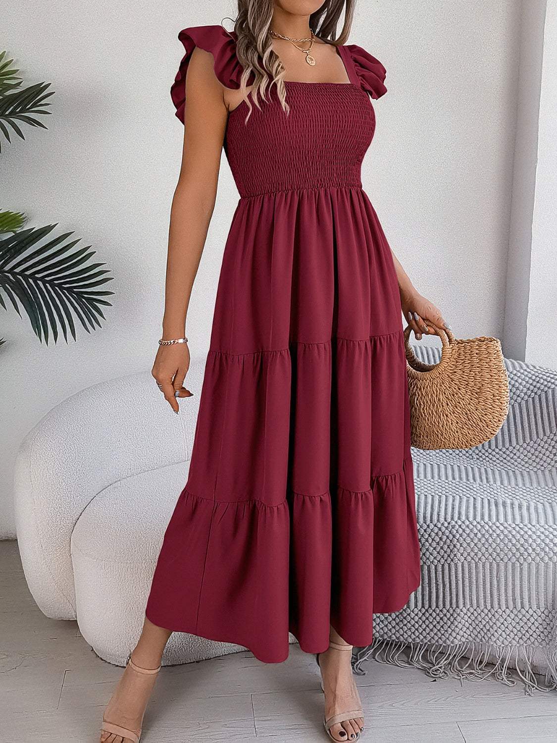 Smocked Square Neck Cap Sleeve Midi Dress - Trendsi - Flyclothing LLC
