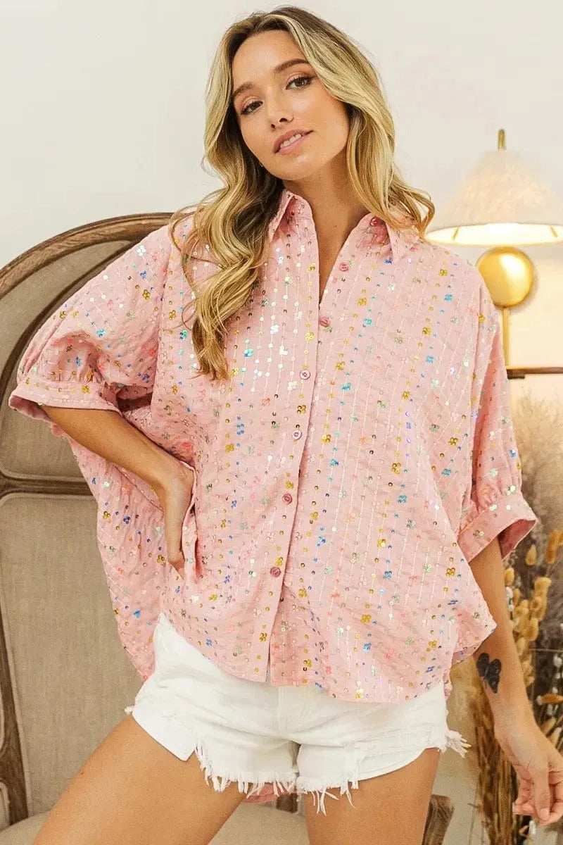 BiBi Sequin Striped Short Dolman Sleeve Blouse - Trendsi - Flyclothing LLC