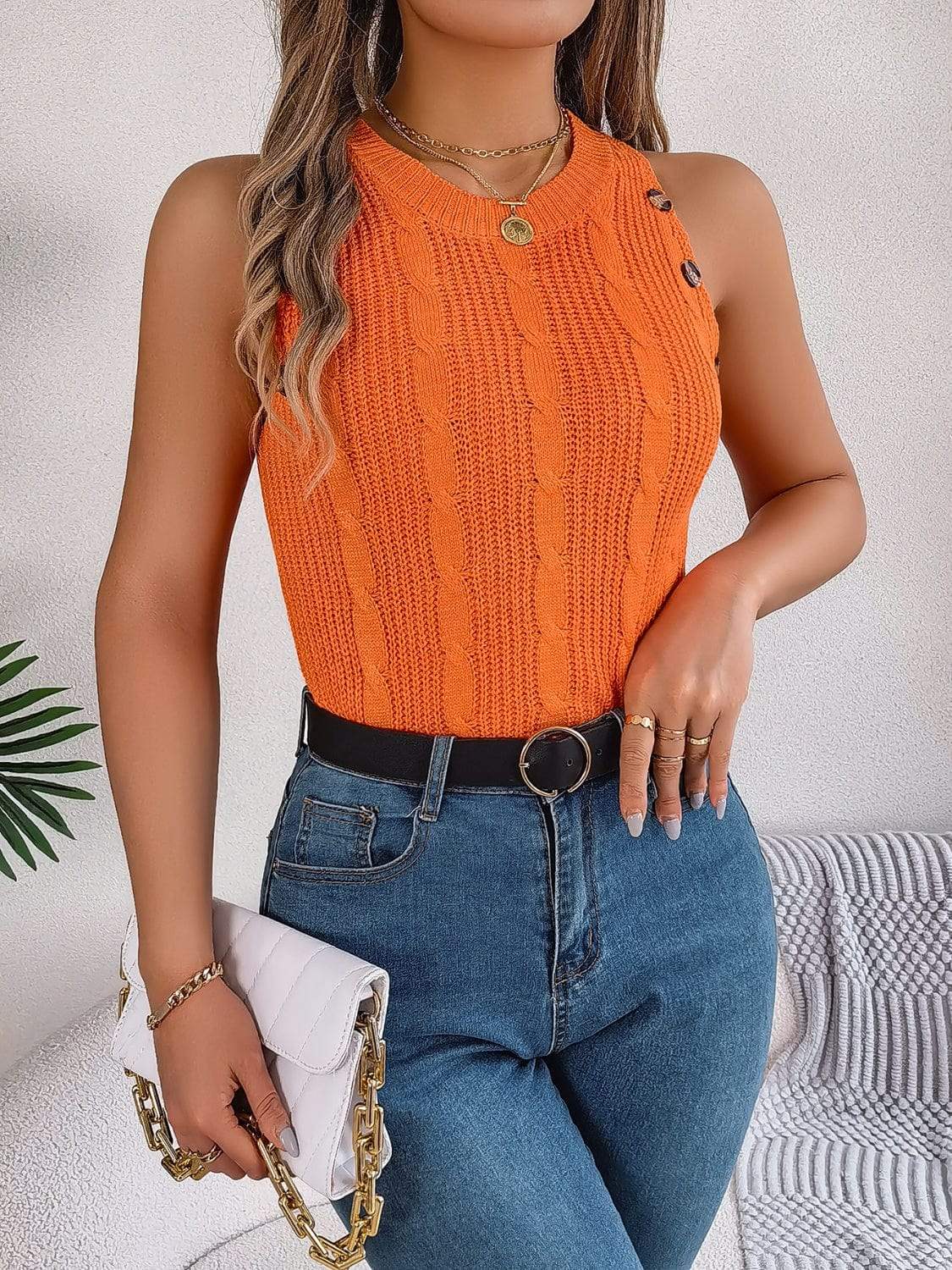 Cable-Knit Round Neck Vest - Trendsi - Flyclothing LLC
