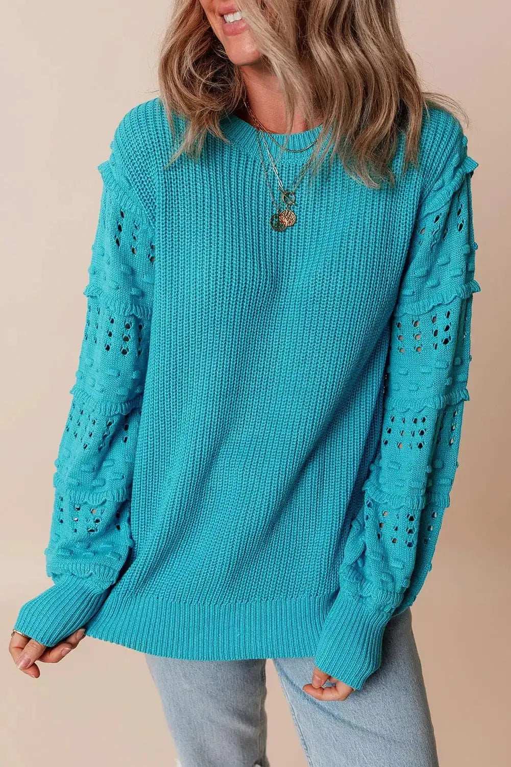 Openwork Frill Round Neck Long Sleeve Sweater - Trendsi - Flyclothing LLC