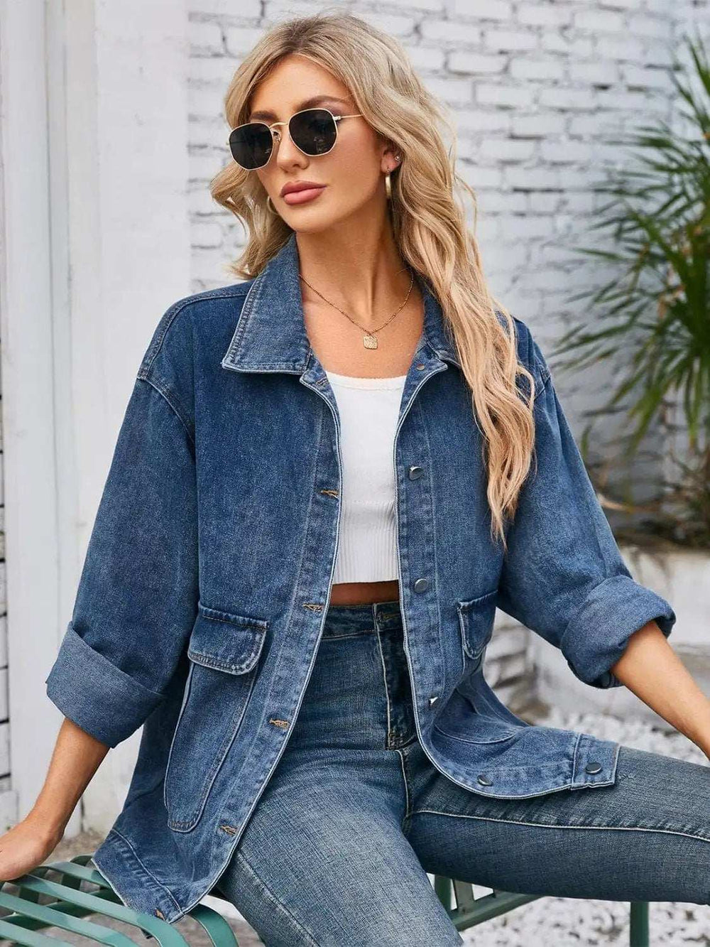 Button Up Long Sleeve Denim Jacket - Trendsi - Flyclothing LLC