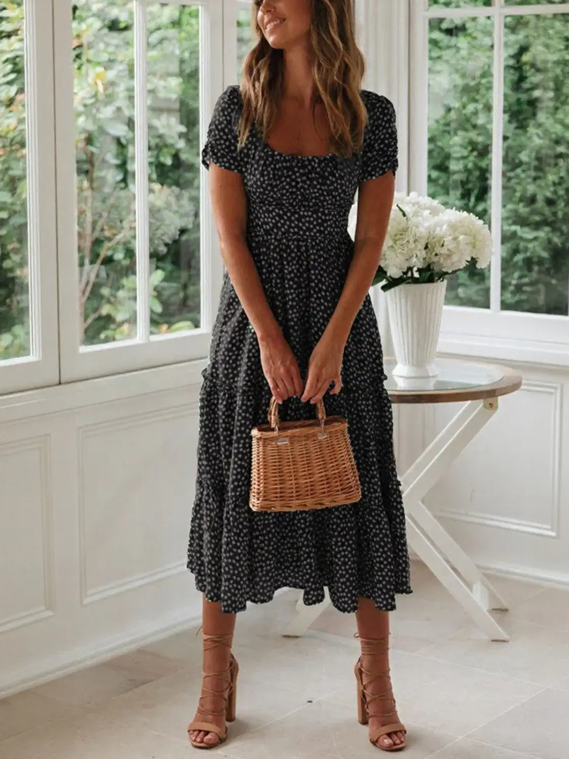Printed Square Neck Short Sleeve Midi Dress - Trendsi - Flyclothing LLC
