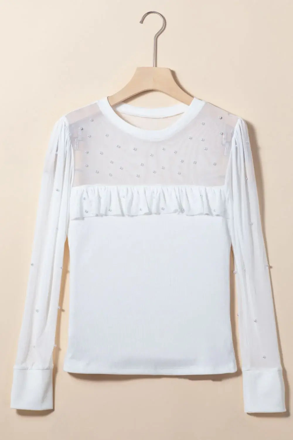 Pearl Decor Mesh Patchwork Ribbed Long Sleeve Top - Trendsi - Flyclothing LLC