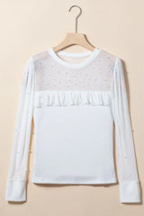 Pearl Decor Mesh Patchwork Ribbed Long Sleeve Top - Trendsi - Flyclothing LLC