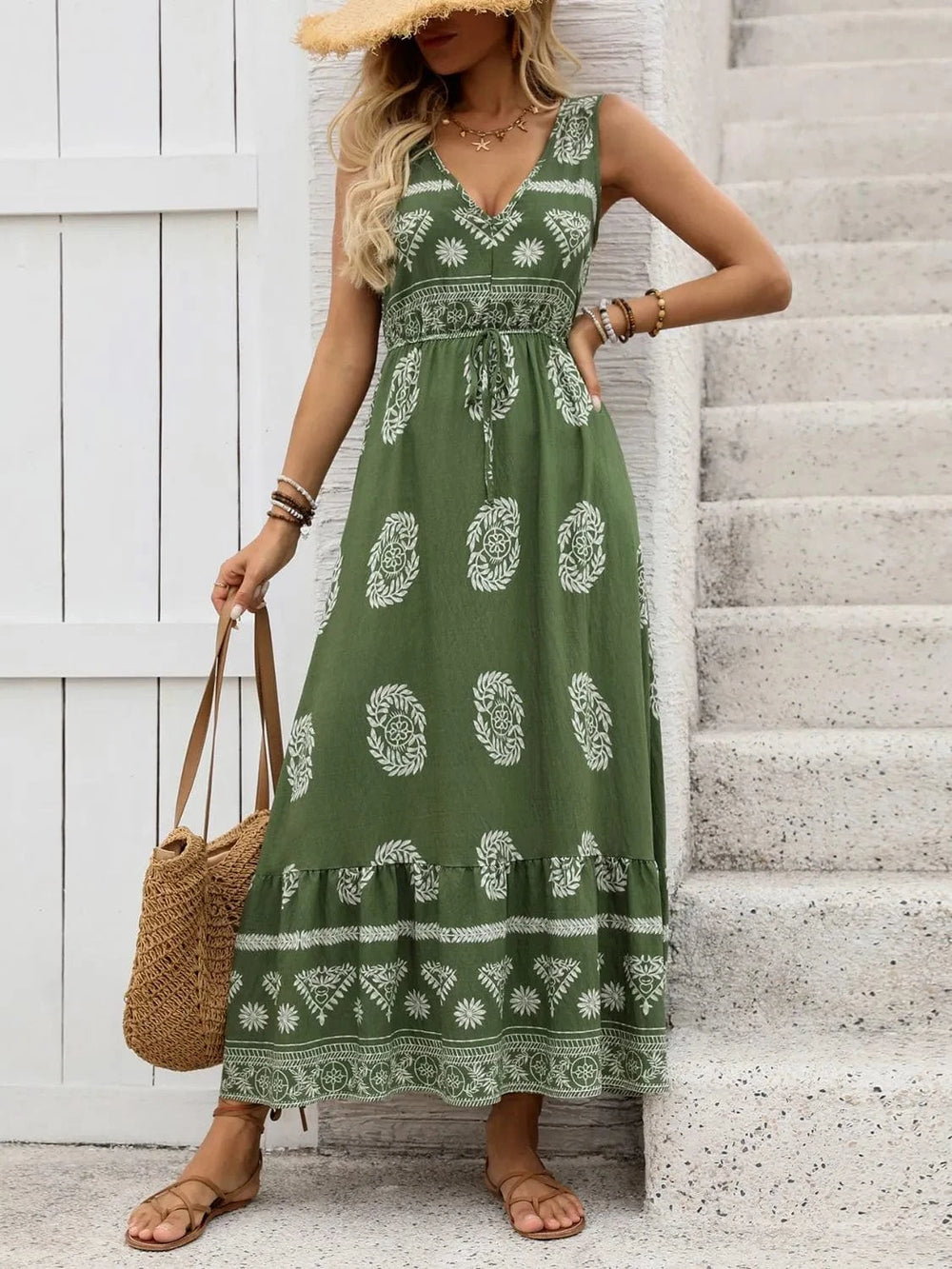 Printed V-Neck Sleeveless Dress - Trendsi