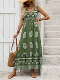 Printed V-Neck Sleeveless Dress - Trendsi