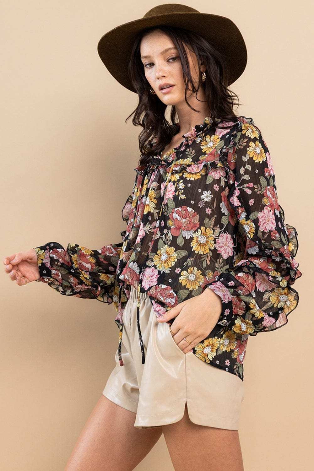 Ces Femme Ruffle Trim Long Sleeve Floral Blouse - Trendsi - Flyclothing LLC