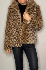 Full Size Leopard Furry Collared Neck Long Sleeve Coat - Trendsi - Flyclothing LLC