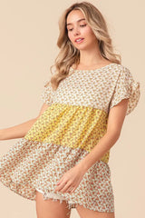 BiBi Flroal Printed Woven Color Block and Tiered Top - Trendsi - Flyclothing LLC
