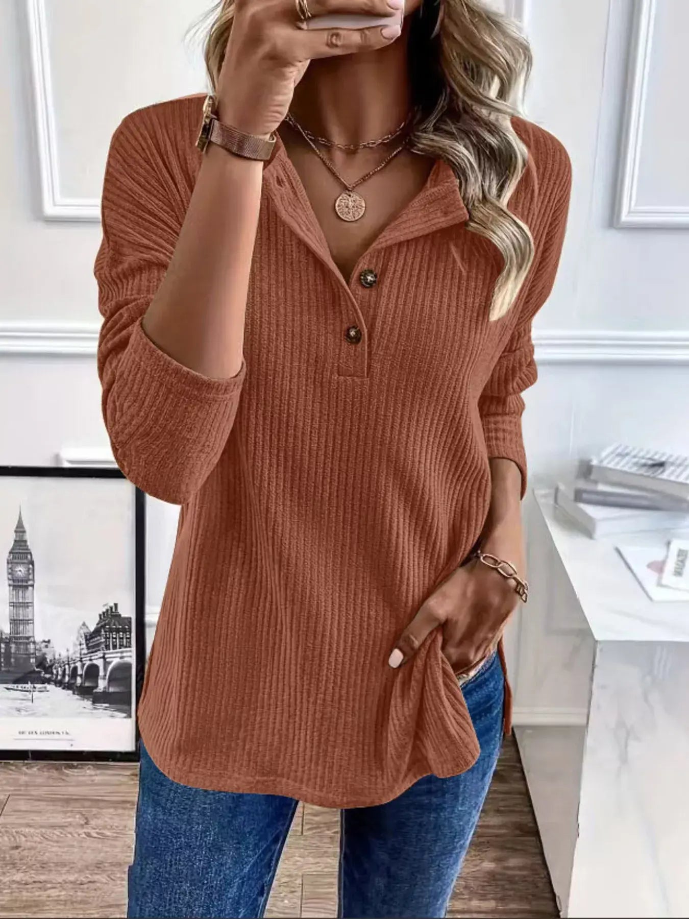 Button-Detail Dropped Shoulder Top - Trendsi - Flyclothing LLC