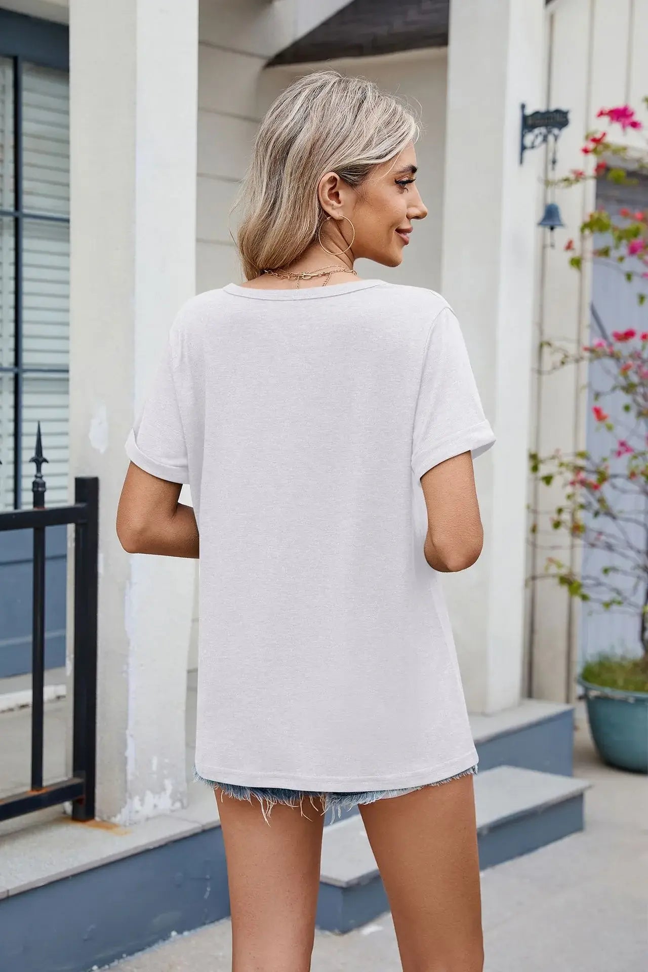 Florira Notched Short Sleeve T-Shirt - Trendsi - Flyclothing LLC
