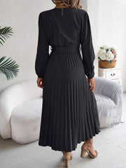 Pleated Tied V-Neck Long Sleeve Dress - Trendsi