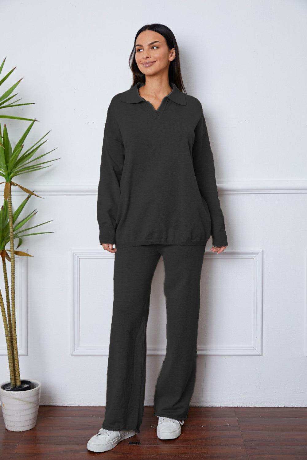 Dropped Shoulder Sweater and Long Pants Set - Trendsi - Flyclothing LLC