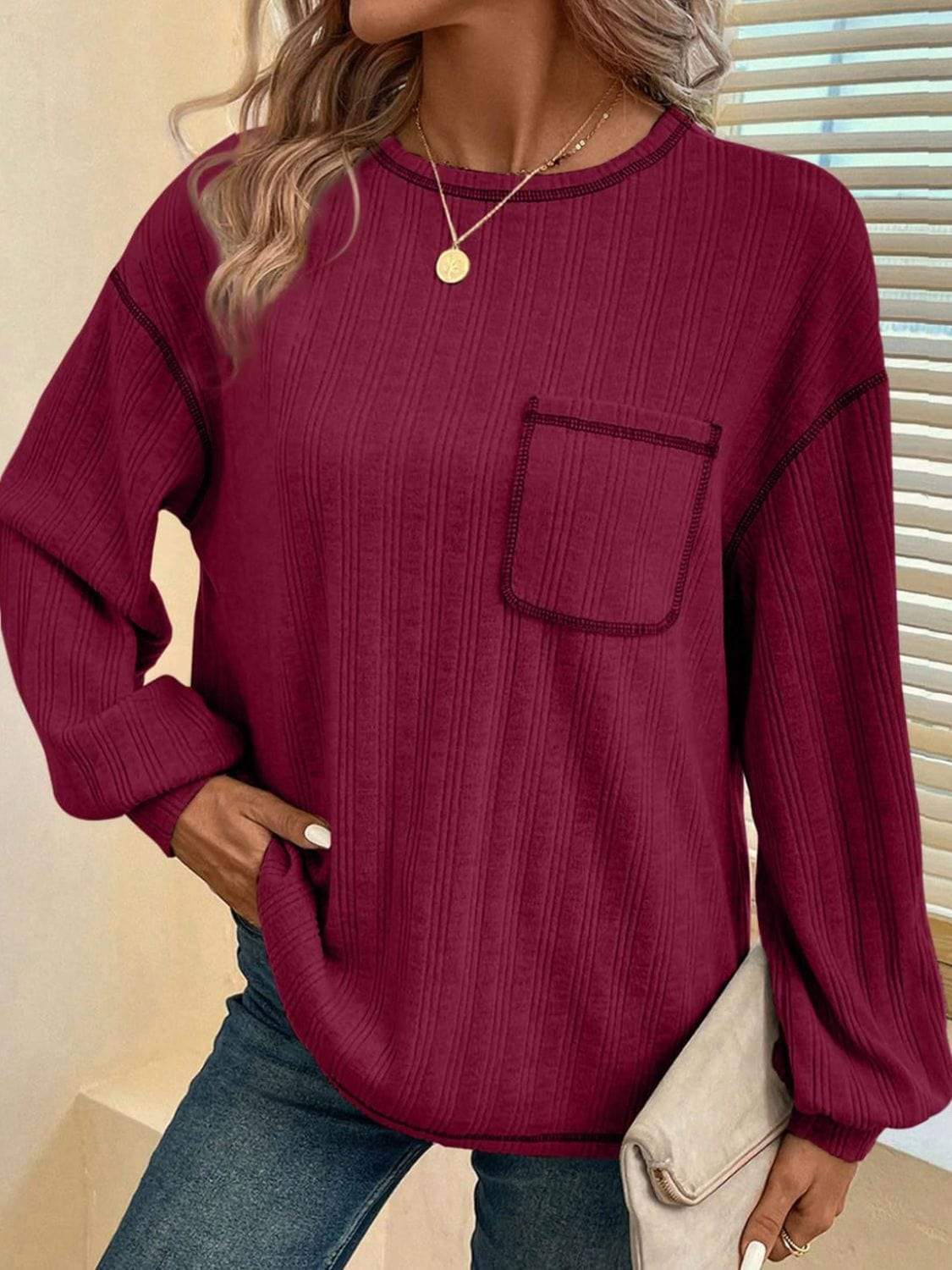 Mandy Contrast Stitching Round Neck Long Sleeve T-Shirt - Trendsi - Flyclothing LLC