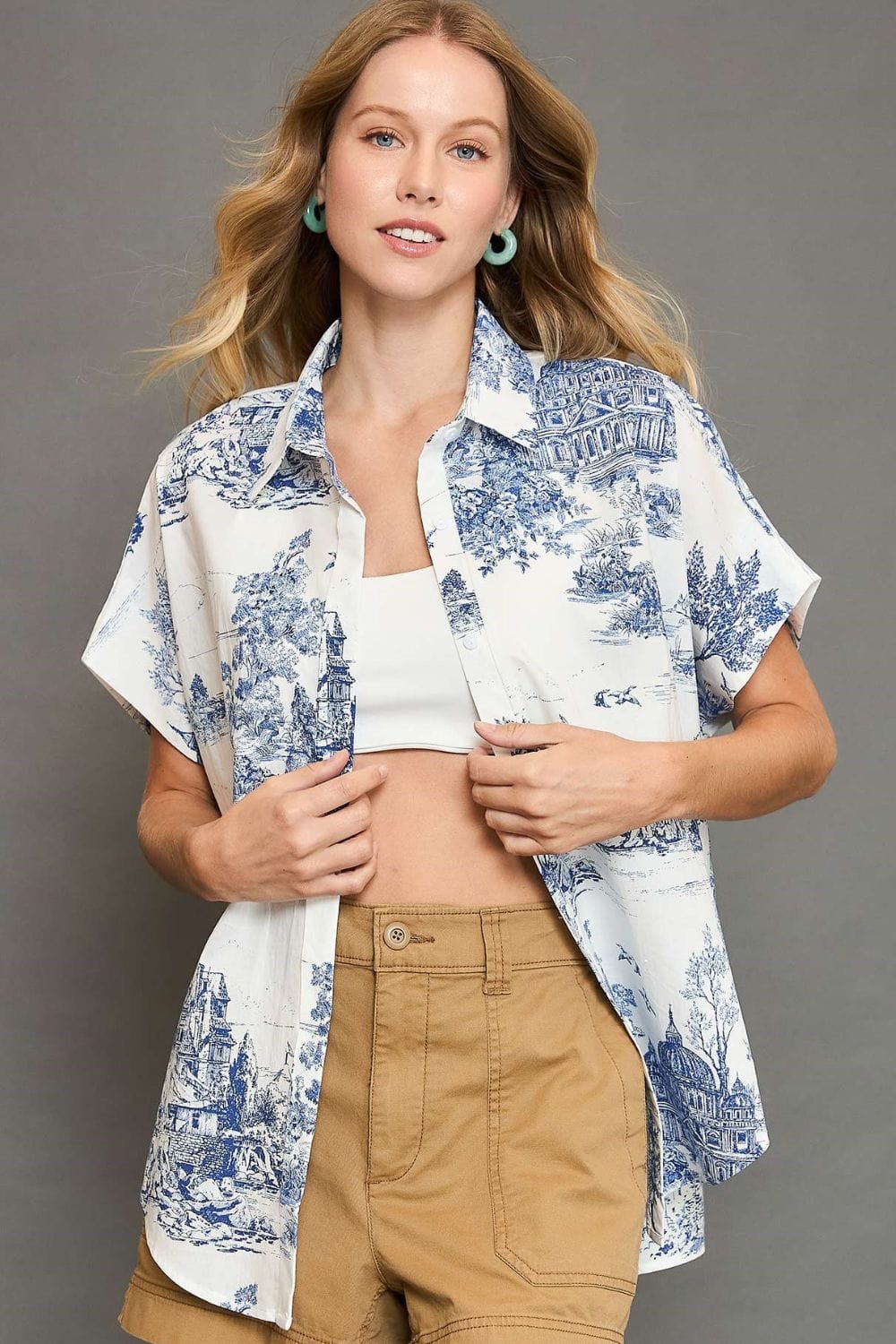 Umgee Full Size Two Tone Print Button Up Short Sleeve Shirt Plus Size - Trendsi