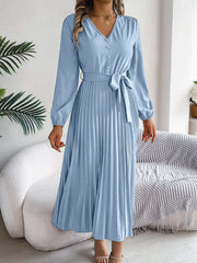 Pleated Tied V-Neck Long Sleeve Dress - Trendsi