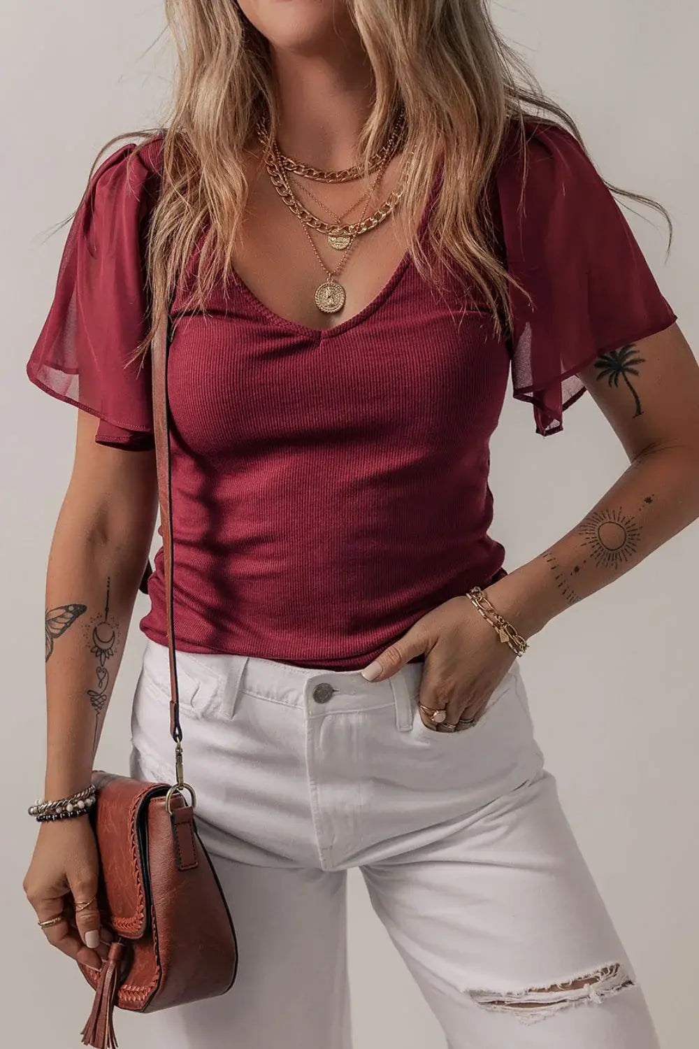 Mesh Short Sleeve Slim V-Neck Top - Trendsi - Flyclothing LLC