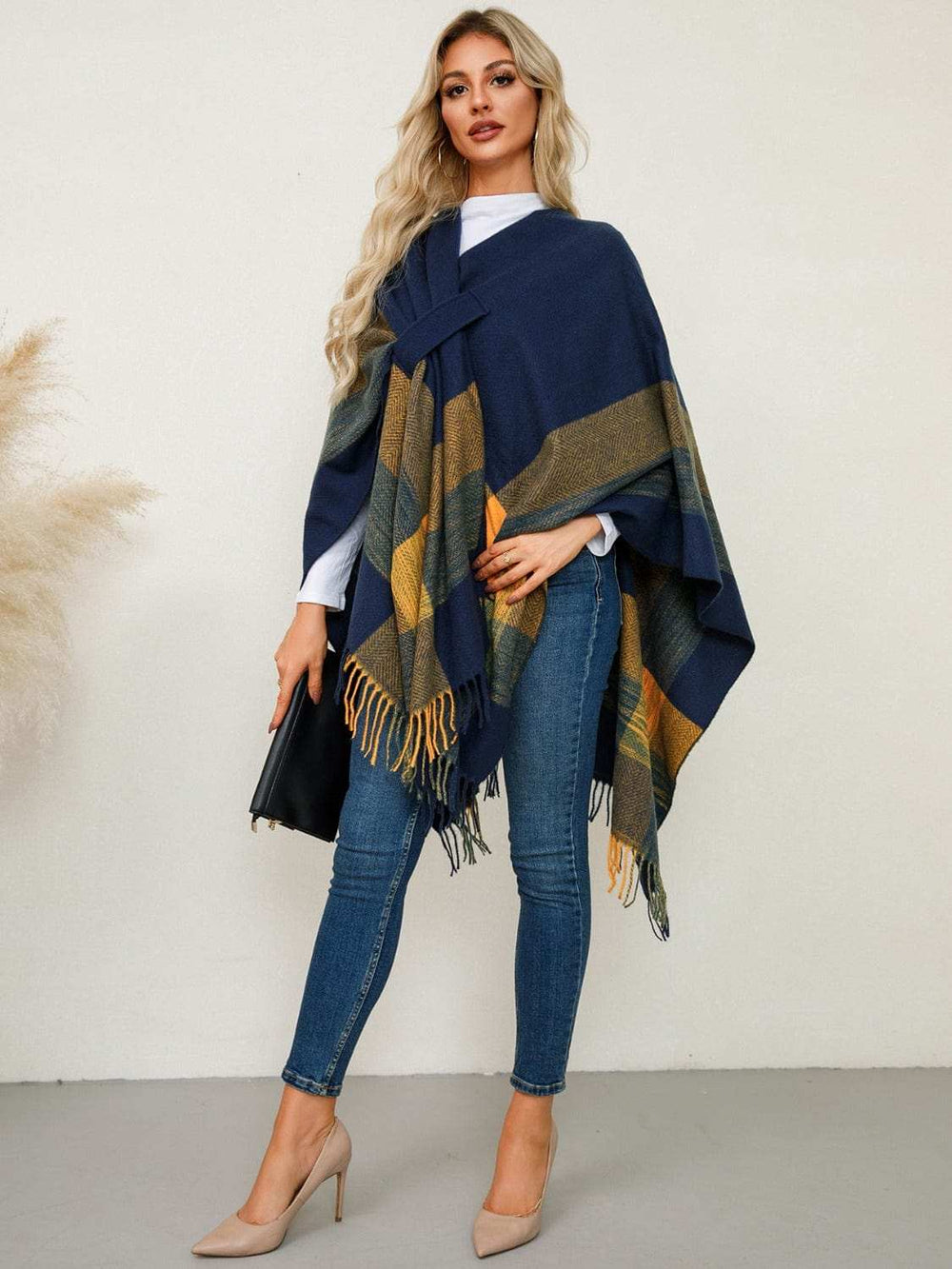 Fringe Contrast Plaid Poncho - Trendsi - Flyclothing LLC