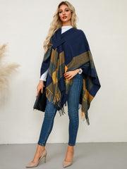 Fringe Contrast Plaid Poncho - Trendsi
