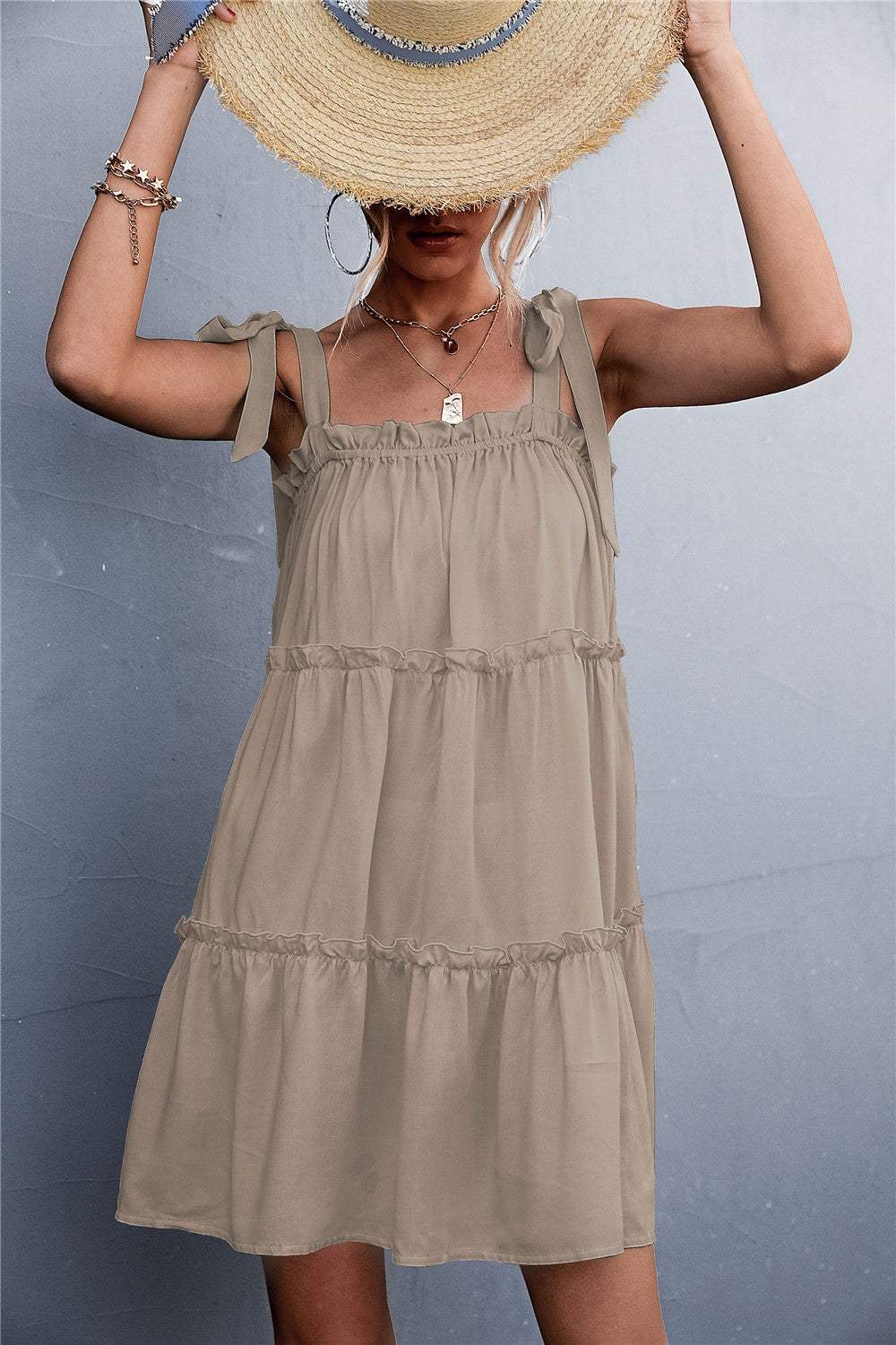 Frill Tiered Tie Shoulder Mini Cami Dress - Trendsi - Flyclothing LLC