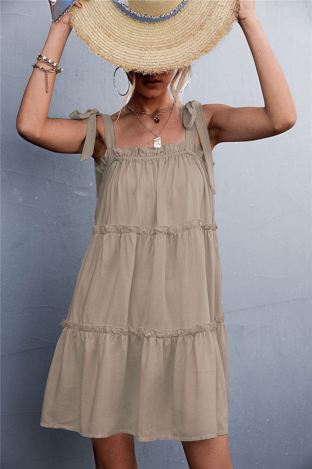 Frill Tiered Tie Shoulder Mini Cami Dress - Trendsi