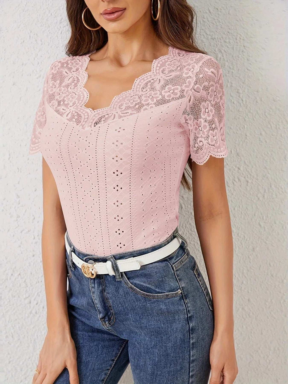 Lace Trim Eyelet Embroidered Summer T-Shirt - Trendsi - Flyclothing LLC