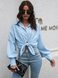 Button Up Dropped Shoulder Lantern Sleeve Shirt - Trendsi