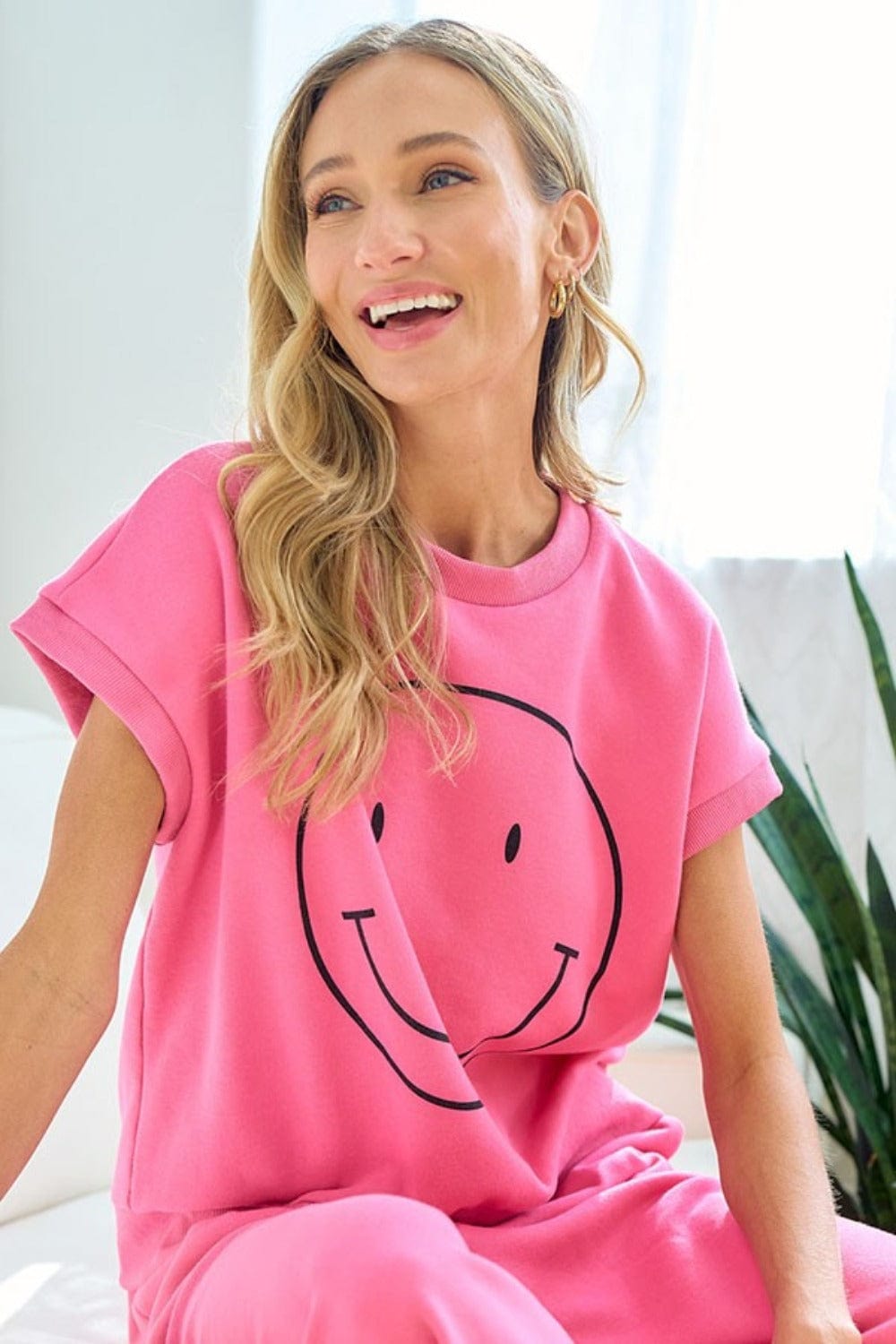 First Love Smile Face Drop Shoulder Brushed Inside T-Shirt - Trendsi